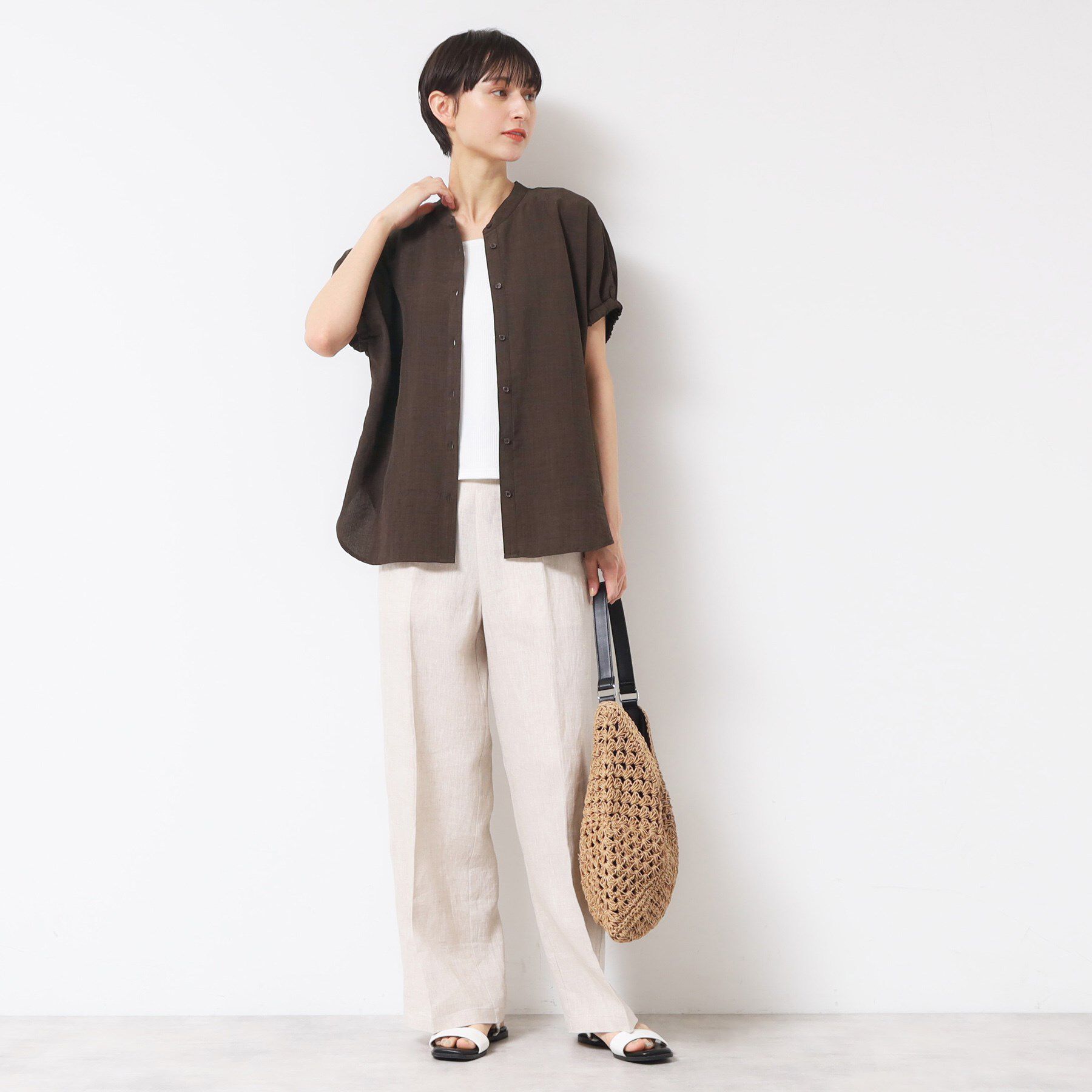 Dessin「【洗える】バンドカラー袖ギャザーブラウス」|シャツ・ブラウス|