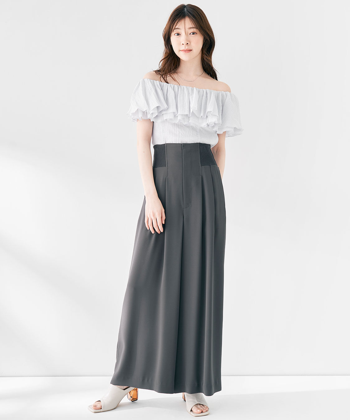 COCO DEAL「コルセットリブワイドパンツ」|スラックス|チャコール