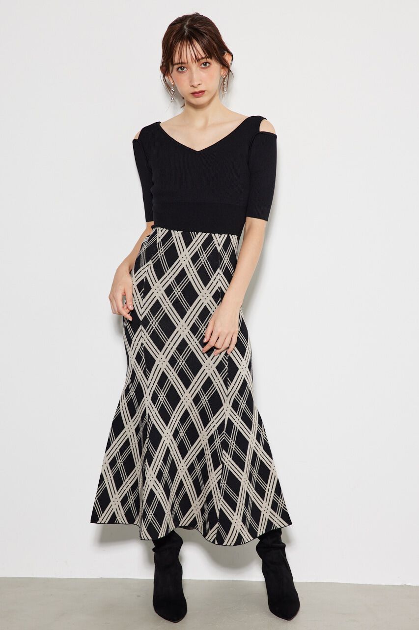 rienda「2WAYランダムチェックグリッターKnit OP」|ワンピース|BLK