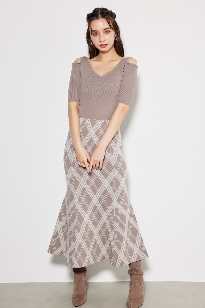 rienda「2WAYランダムチェックグリッターKnit OP」|ワンピース|BEG