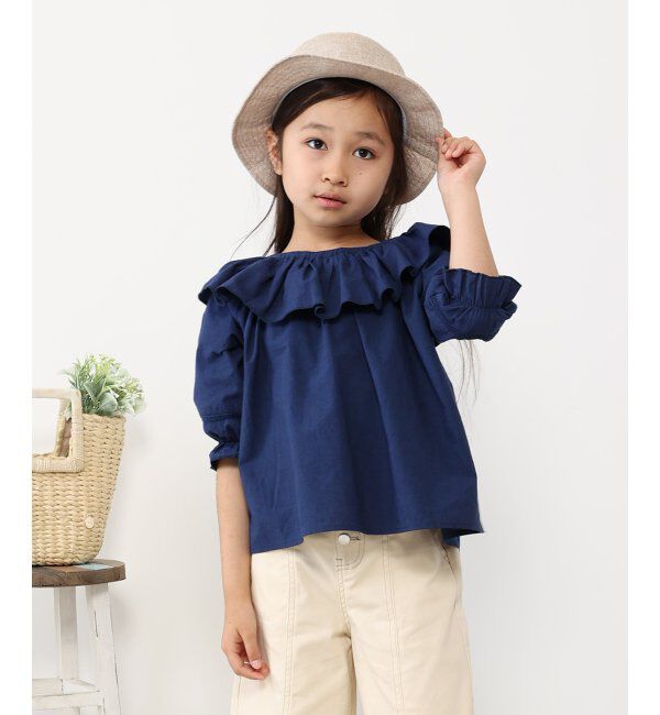 ikka kids「7分袖フリル襟ブラウス（120~160cm）」|シャツ・ブラウス|ネイビー