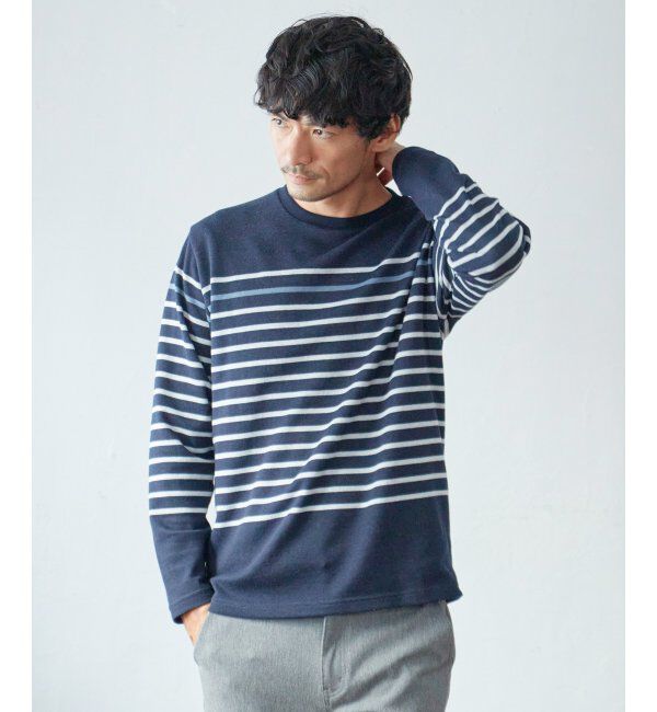 ikka「ダブルジャカードボーダーロンT」|Tシャツ・カットソー|ネイビーブルー