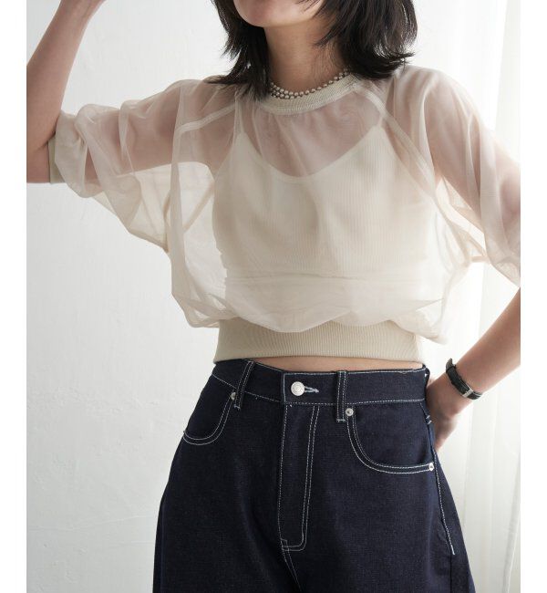 VENCE share style「チュール五分袖ショートプルオーバー」|Tシャツ・カットソー|オフホワイト