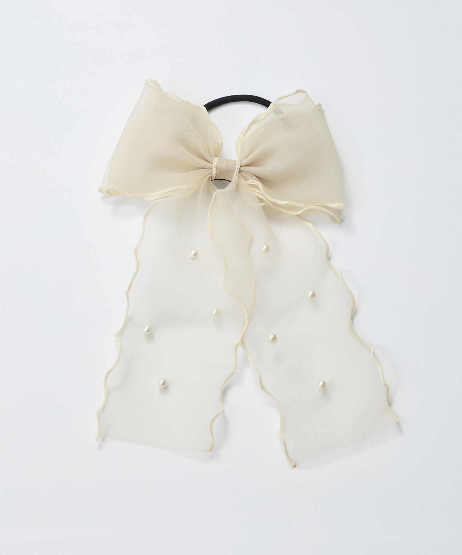 Phoebe「フレアリボンドットパールヘアゴム　ベージュ」|ヘアゴム・シュシュ|