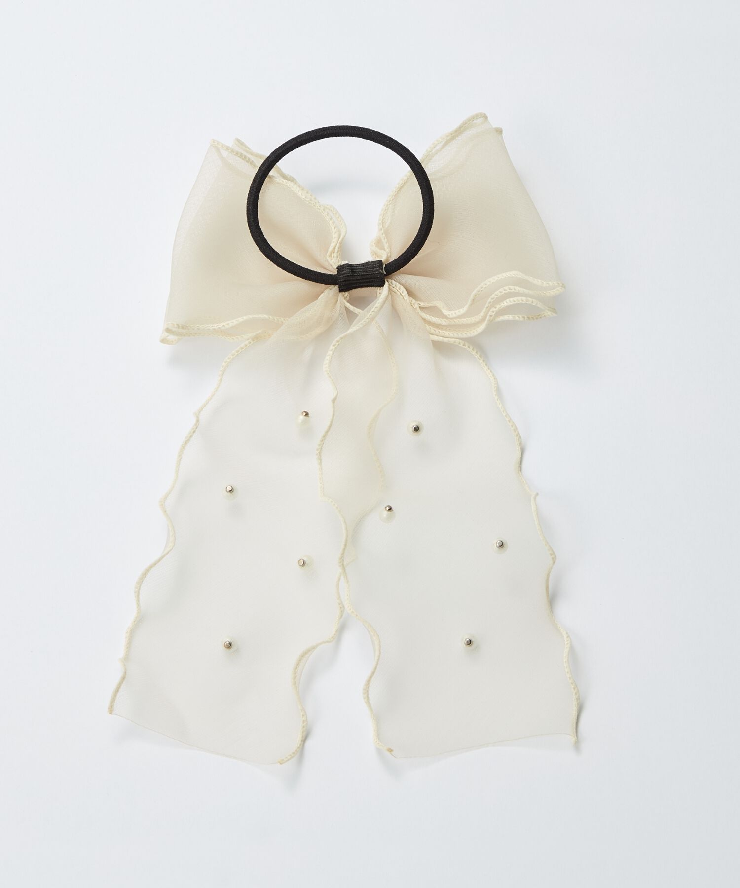 Phoebe「フレアリボンドットパールヘアゴム　ベージュ」|ヘアゴム・シュシュ|