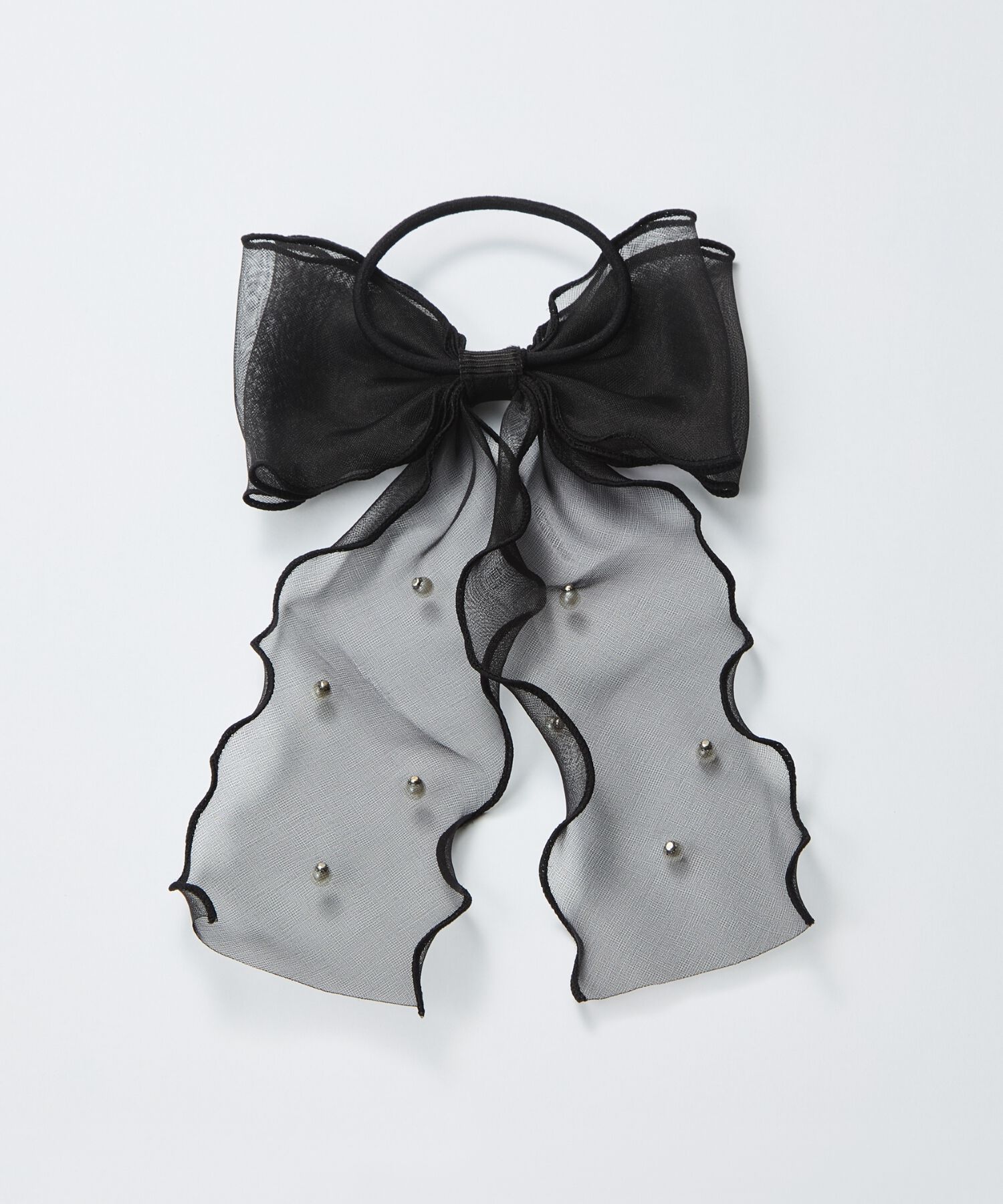 Phoebe「フレアリボンドットパールヘアゴム　ブラック」|ヘアゴム・シュシュ|