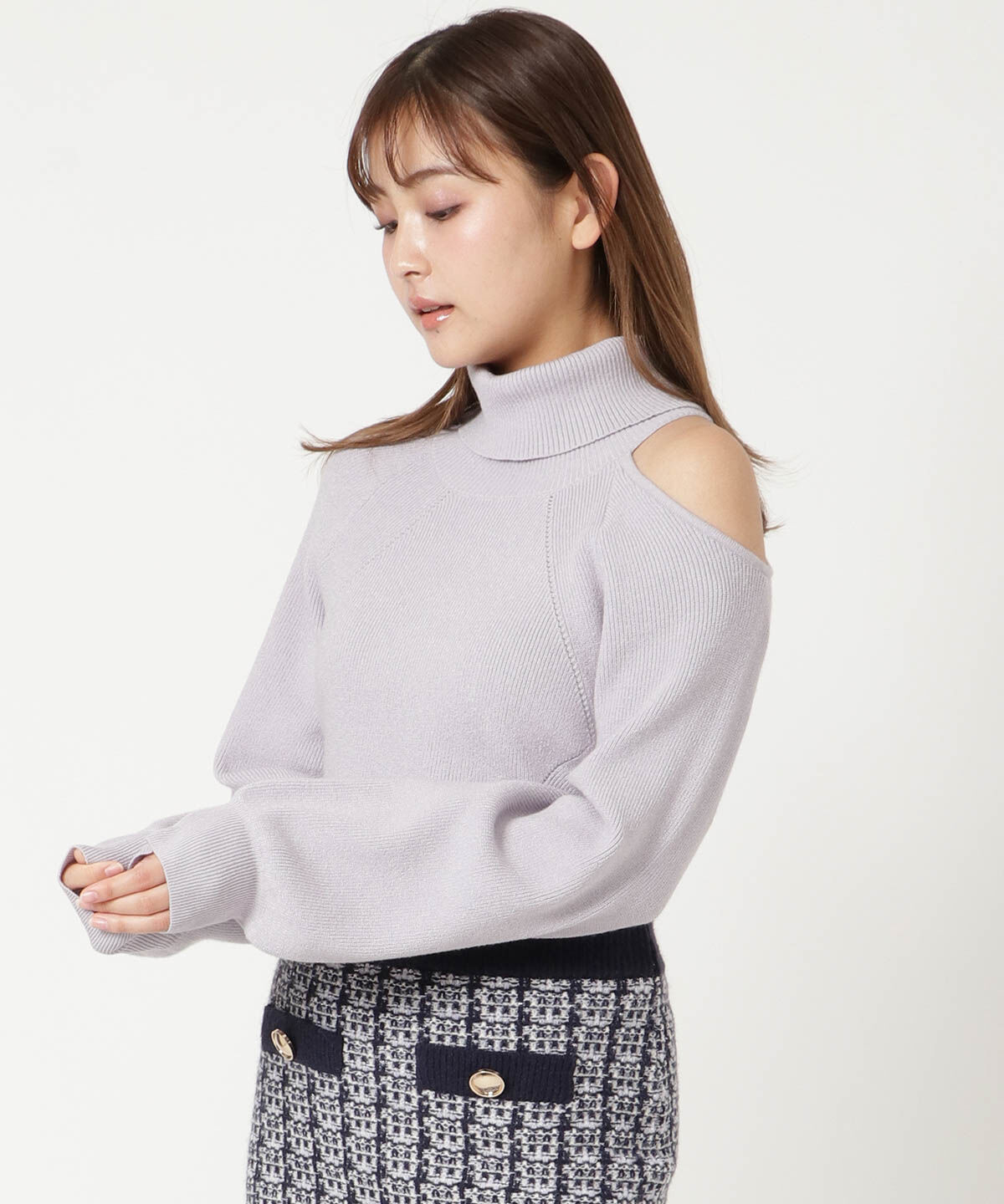 REDYAZEL「肩あきアシメタートルニット」|ニット・セーター|ラベンダー