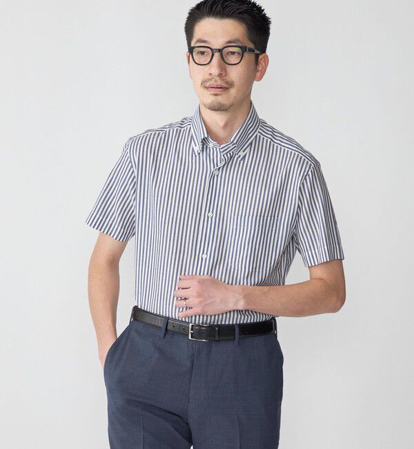 SHIPS「SHIPS: パナマ織り ボタンダウン ロンスト 半袖 シャツ」|シャツ・ブラウス|ネイビー