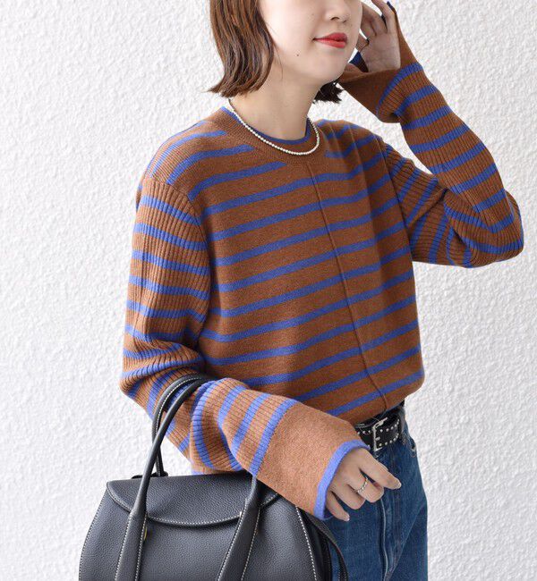 SHIPS for women「【WEB限定】〈手洗い可能〉ボーダー リブ スリーブ ベーシック ニット」|ニット・セーター|ブラウン