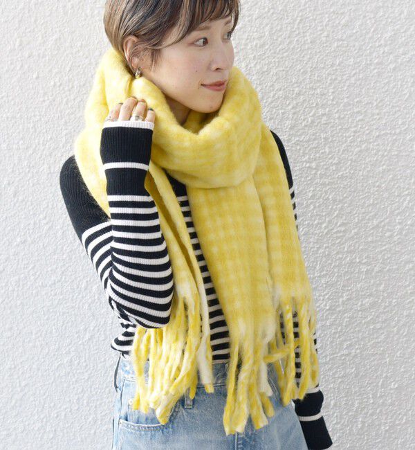 SHIPS any「PANKAJ:〈手洗い可能〉ウール ミックス チェック ボリューム ストール」|ストール|イエロー