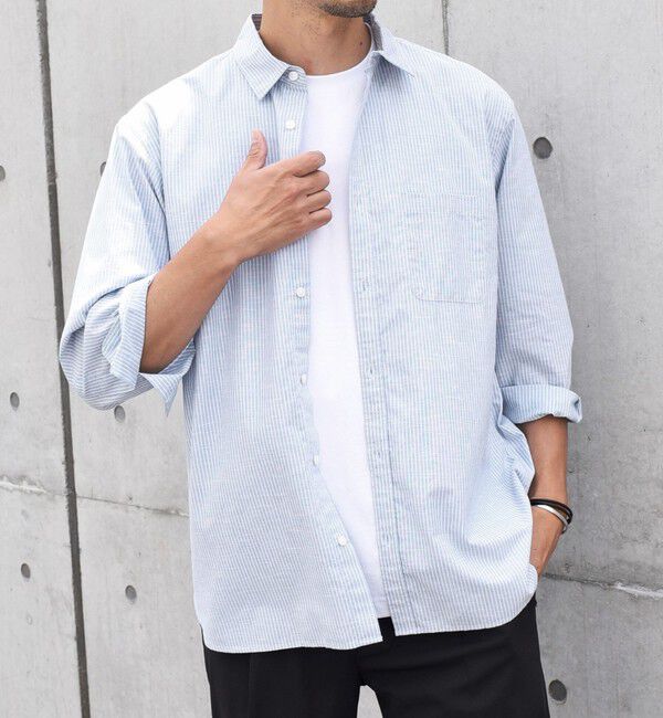 SHIPS any「SHIPS any: 〈洗濯機可能〉コットン / リネン ブルー ストライプ 7分袖 レギュラー シャツ◇」|シャツ・ブラウス|