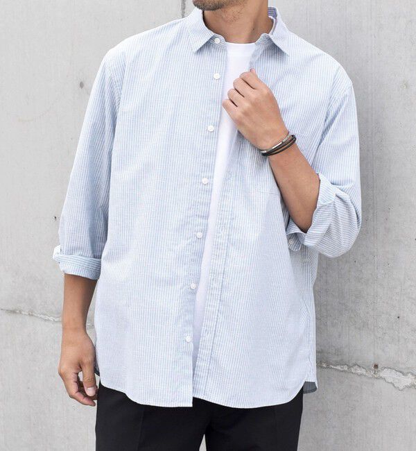 SHIPS any「SHIPS any: 〈洗濯機可能〉コットン / リネン ブルー ストライプ 7分袖 レギュラー シャツ◇」|シャツ・ブラウス|