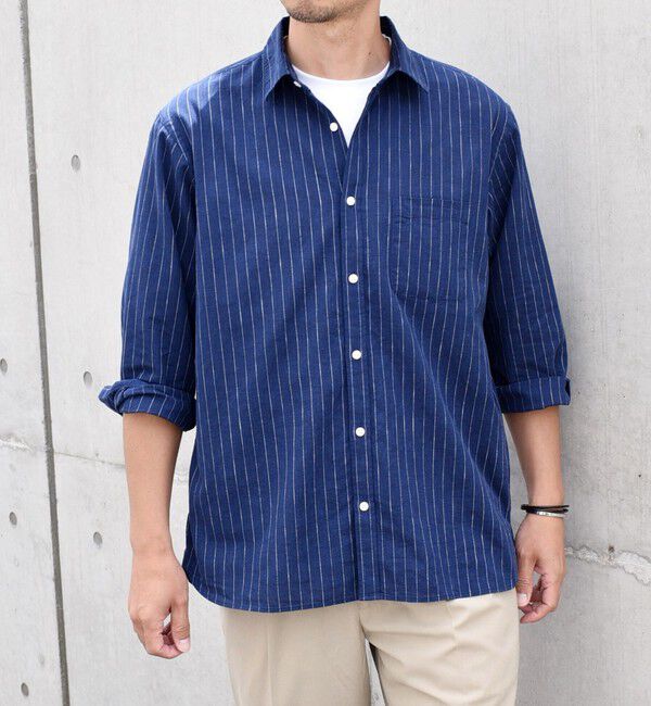SHIPS any「SHIPS any: 〈洗濯機可能〉コットン / リネン ブルー ストライプ 7分袖 レギュラー シャツ◇」|シャツ・ブラウス|