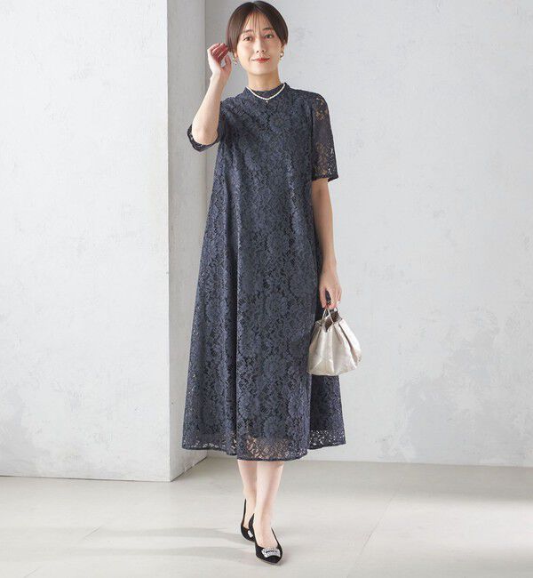 SHIPS for women「〈結婚式・パーティ〉kaene:パイピング レース Aライン ワンピース」|ワンピース|ネイビー