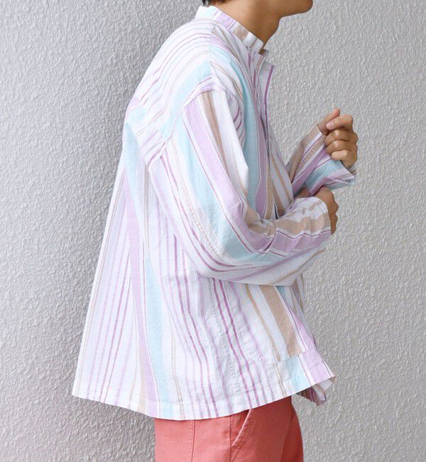 SHIPS any「SHIPS any: BEZ TEXTILE マルチカラー ストライプ / ソリッド  スタンドカラー シャツ◇」|シャツ・ブラウス|ピンク