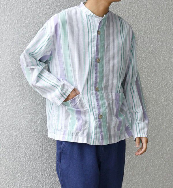 SHIPS any「SHIPS any: BEZ TEXTILE マルチカラー ストライプ / ソリッド  スタンドカラー シャツ◇」|シャツ・ブラウス|グリーン