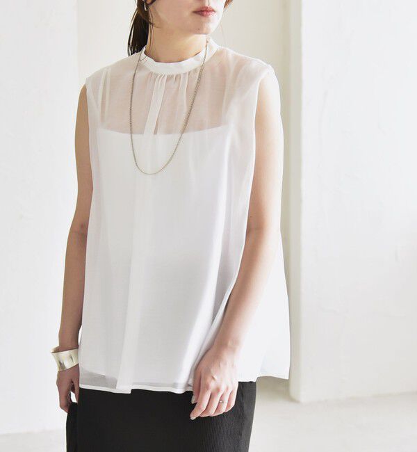 quaranciel「quaranciel:〈洗濯機可能〉シアー ハイネック ノースリーブ ギャザー ブラウス」|シャツ・ブラウス|