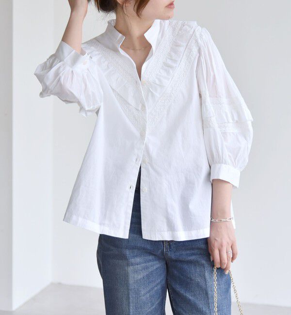 quaranciel「quaranciel:〈洗濯機可能〉コットン レース ライン フリル パフスリーブ ブラウス」|シャツ・ブラウス|