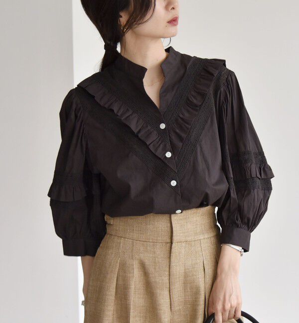 quaranciel「quaranciel:〈洗濯機可能〉コットン レース ライン フリル パフスリーブ ブラウス」|シャツ・ブラウス|