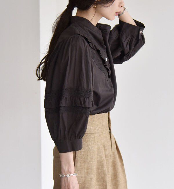 quaranciel「quaranciel:〈洗濯機可能〉コットン レース ライン フリル パフスリーブ ブラウス」|シャツ・ブラウス|