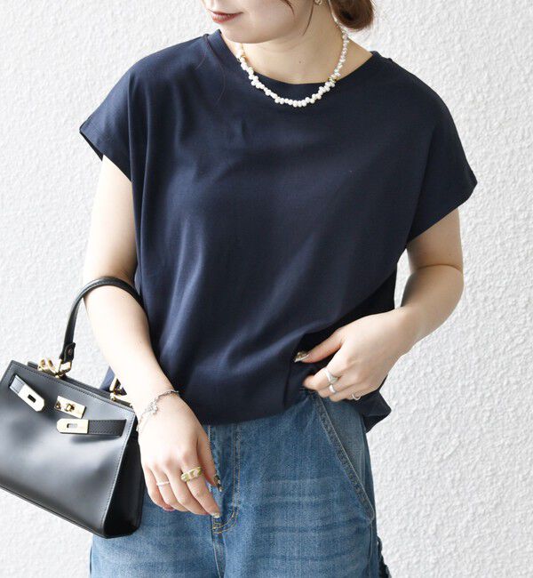 SHIPS any「SHIPS any:〈接触冷感/汗染み防止加工/洗濯機可能〉ドロスト フレンチスリーブ TEE」|Tシャツ・カットソー|ネイビー