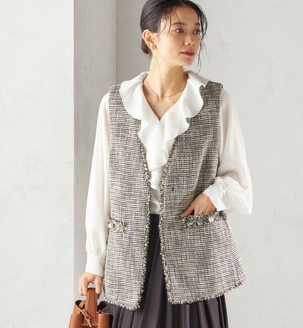 SHIPS for women「トライスピン 杢 ツイード カラーレス ジレ（セレモニー対応可）」|ベスト・ジレ|ブラック