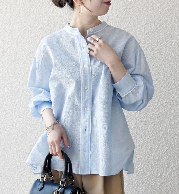 SHIPS any「《予約》SHIPS any:〈洗濯機可能〉サッカー バック リボン 配色 シャツ ブラウス」|シャツ・ブラウス|ライトブルー