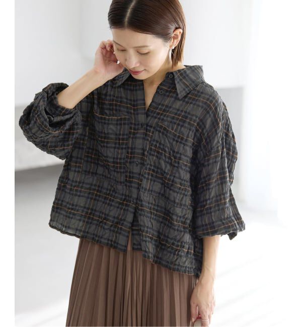 IENA「《追加予約》シャーリングチェックショートシャツ」|シャツ・ブラウス|ブラック A