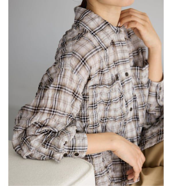 IENA「《追加予約》シャーリングチェックショートシャツ」|シャツ・ブラウス|ベージュ