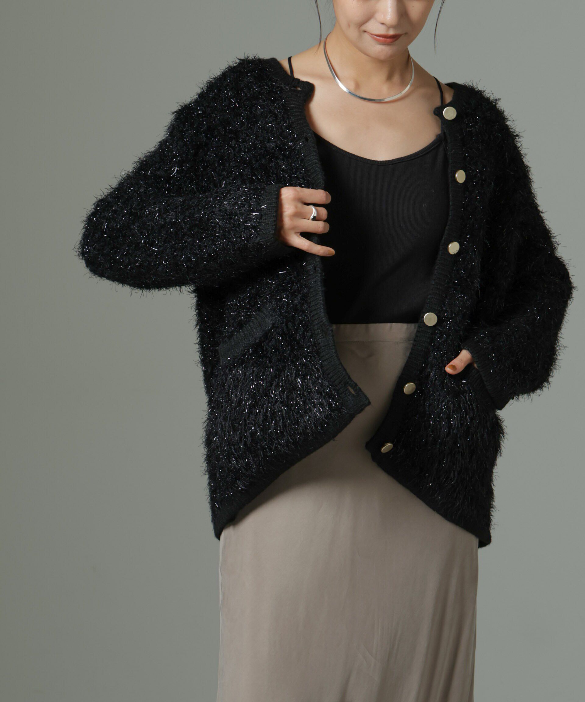 nano･universe「ラメシャギーニットジャケットカーディガン」|ニット・セーター|ブラック