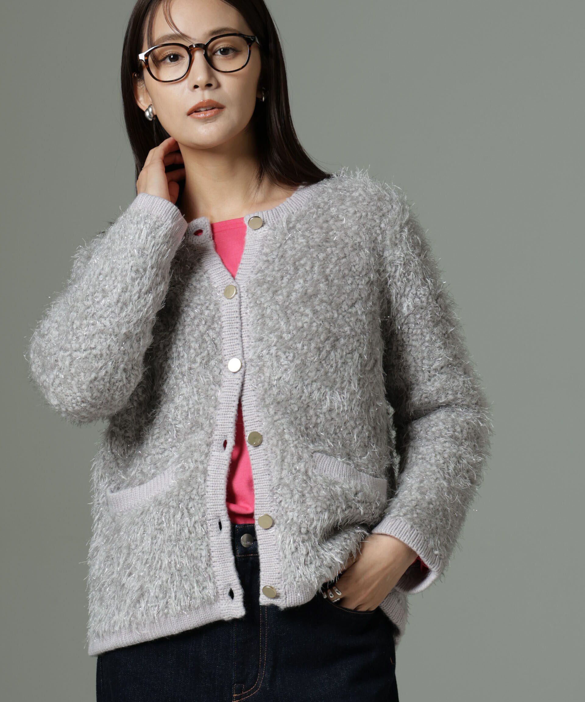 nano･universe「ラメシャギーニットジャケットカーディガン」|ニット・セーター|グレー