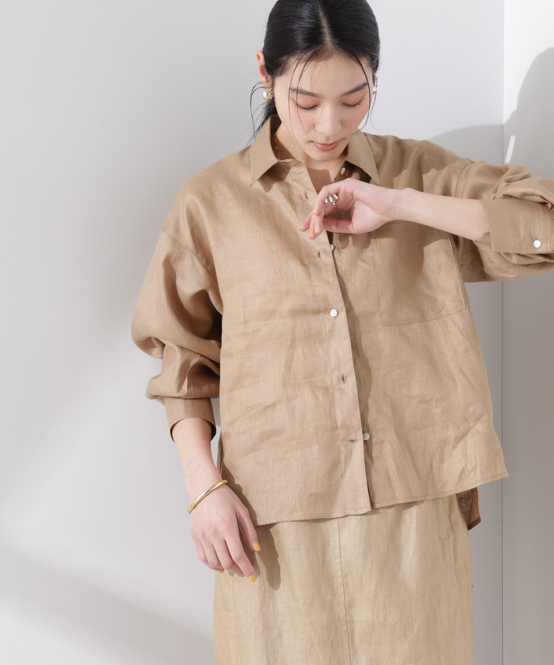 nano･universe「ヨーロピアンフラックス シアーシャツ（セットアップ可）」|シャツ・ブラウス|ベージュ