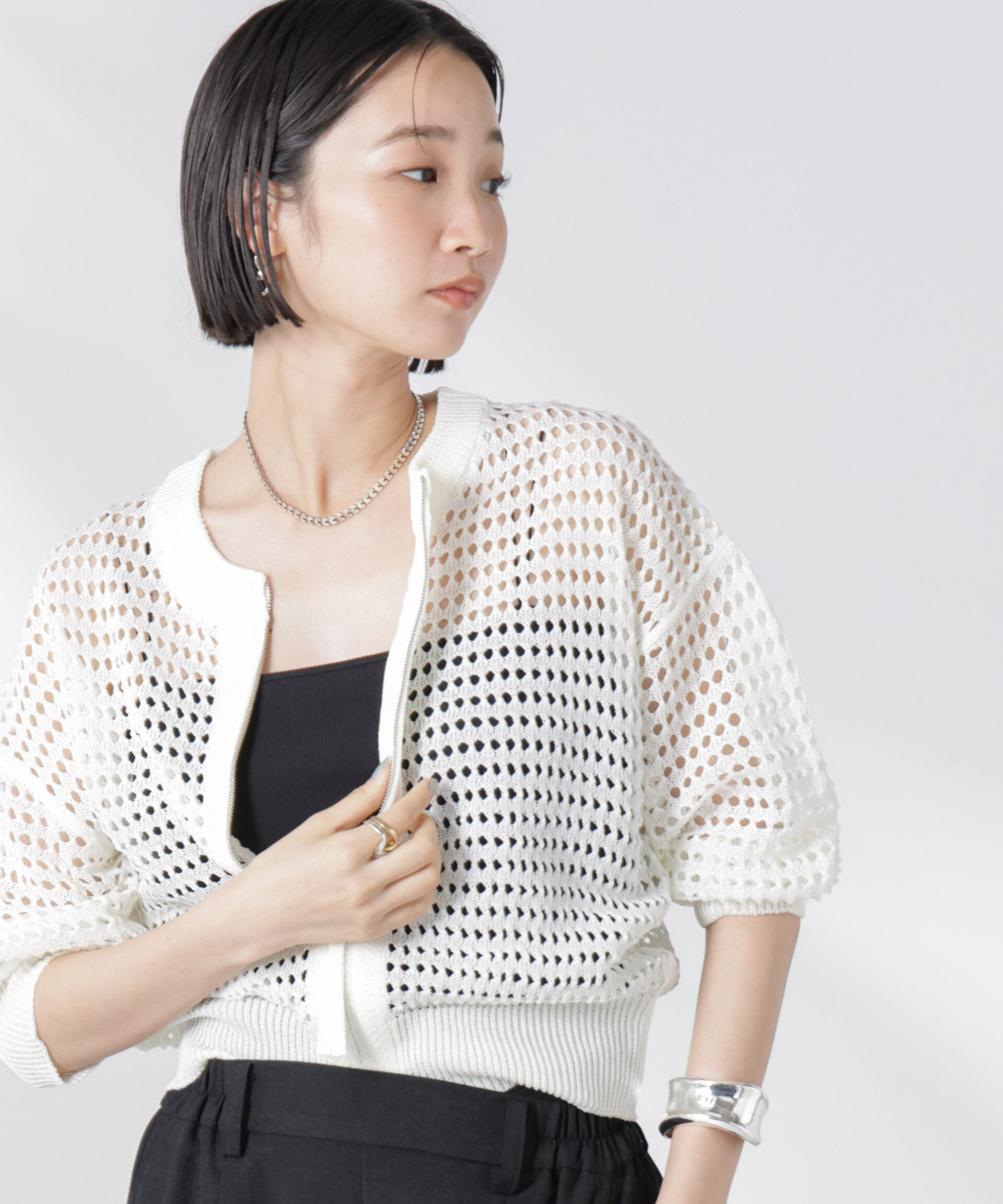 nano･universe「メッシュニットジップカーディガン」|ニット・セーター|オフホワイト1