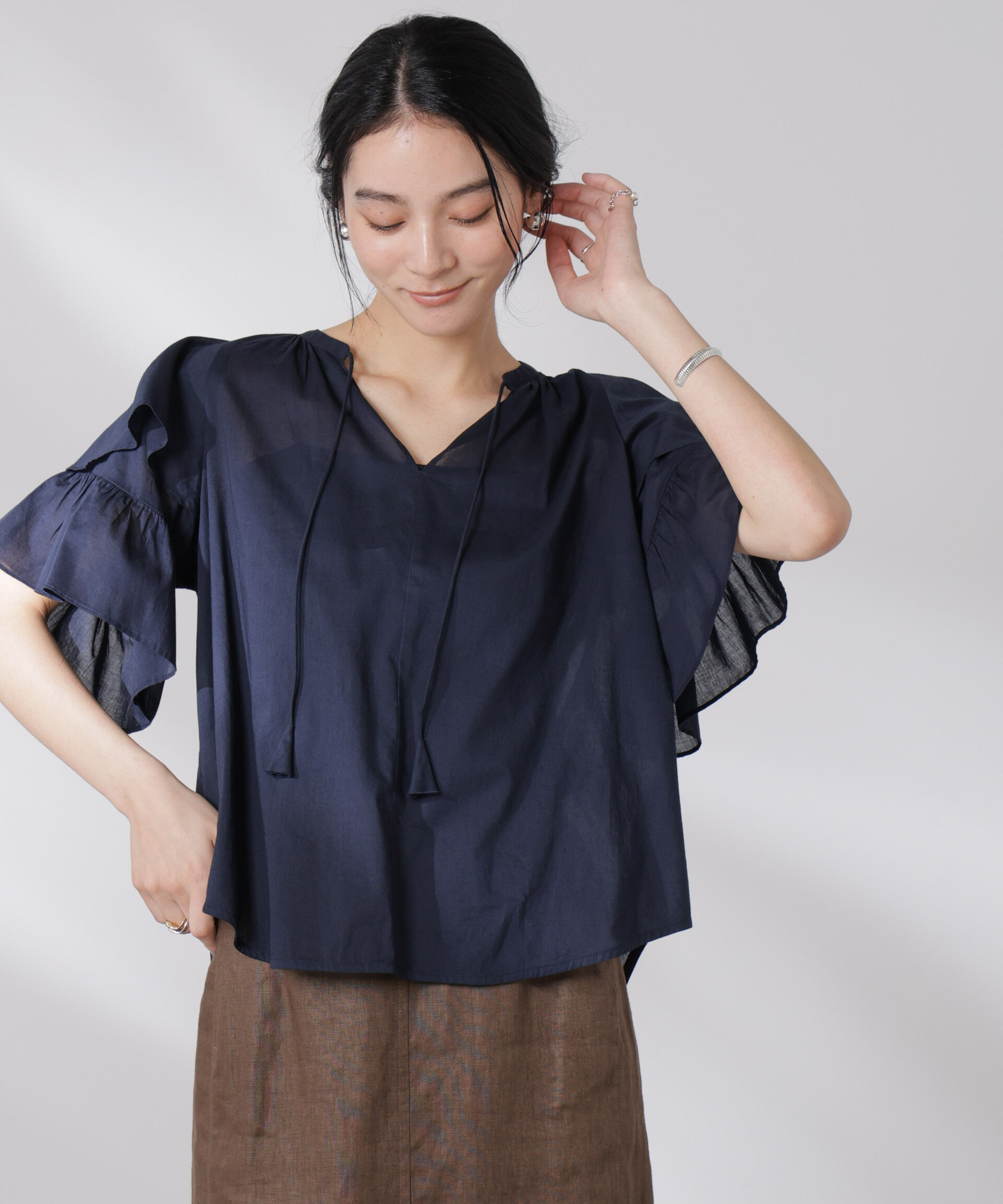 nano･universe「made in india コットンフリルスリーブブラウス」|シャツ・ブラウス|ネイビー