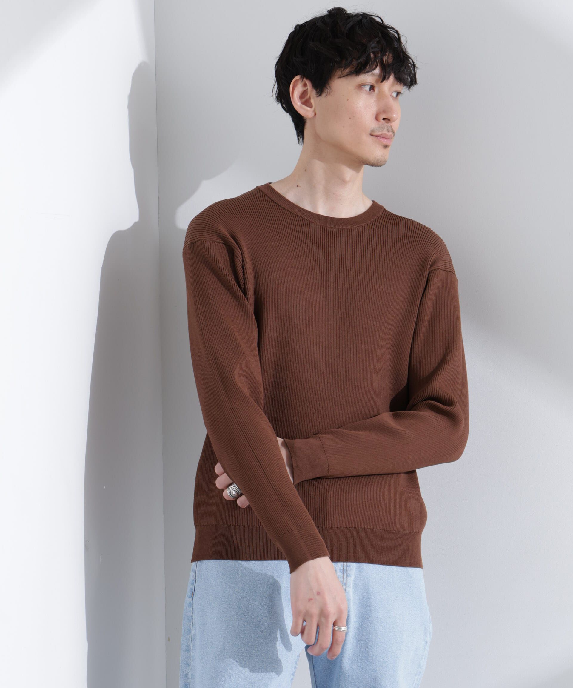  「CICAドライタッチ リブクルーネックニット」|ニット・セーター|ブラウン