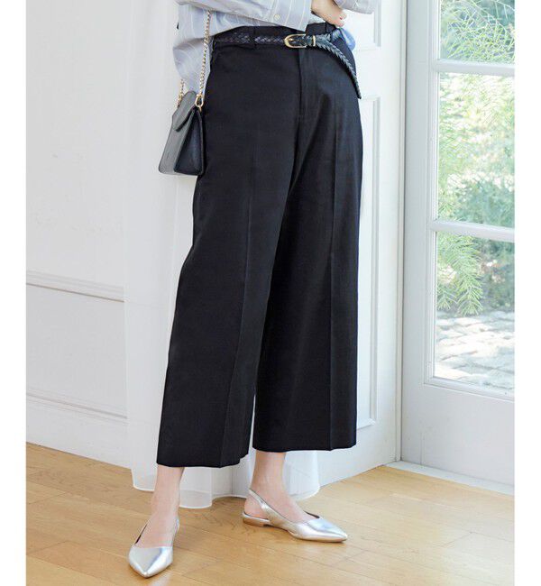 自由区「【UVカット・接触冷感・洗える】コットンサテンクロップド丈ワイドストレート パンツ」|その他|ネイビー