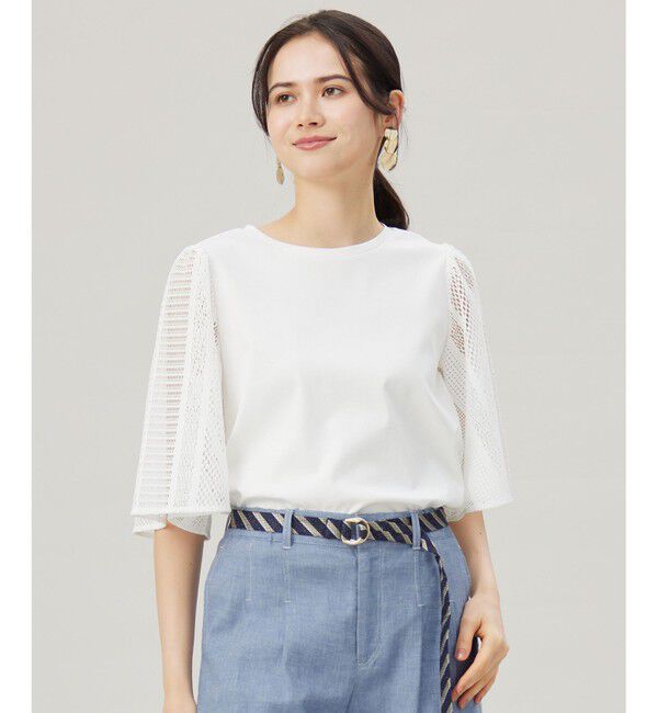 自由区「【洗える】レースエッジフレアスリーブ トップス」|Tシャツ・カットソー|オフ