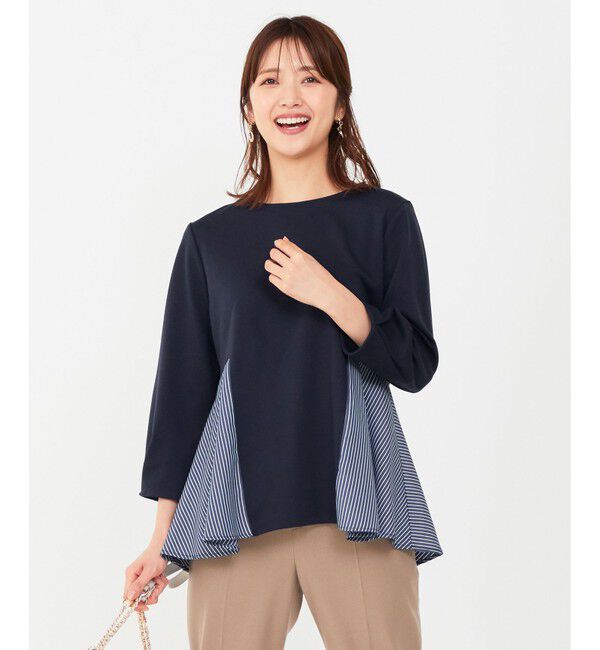 ANY SIS「【洗える】異素材コンビペプラム トップス」|Tシャツ・カットソー|ネイビー