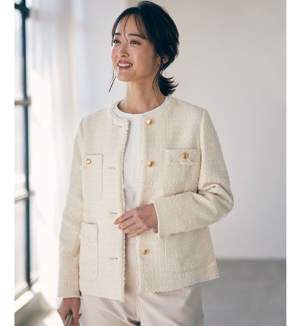 ANY SIS「ツイードノーカラーミドル ジャケット」|ノーカラージャケット|