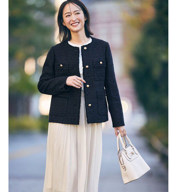 ANY SIS「ツイードノーカラーミドル ジャケット」|ノーカラージャケット|