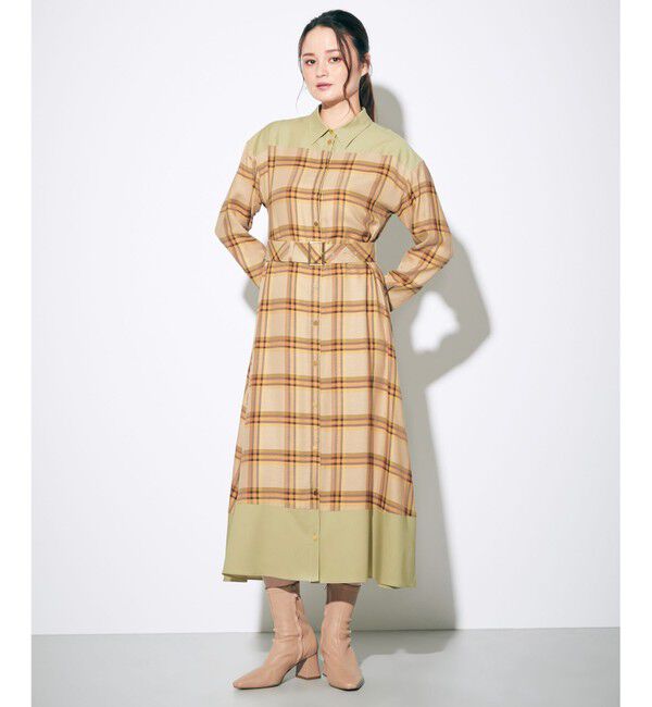  「チェックコンビワンピース」|ワンピース|ベージュ