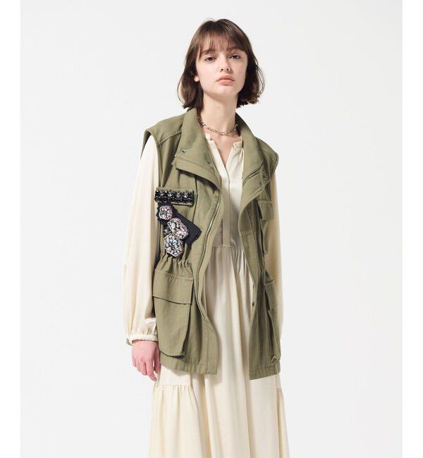 GRACE CONTINENTAL「ビジューアーミーベスト」|ベスト・ジレ|カーキ