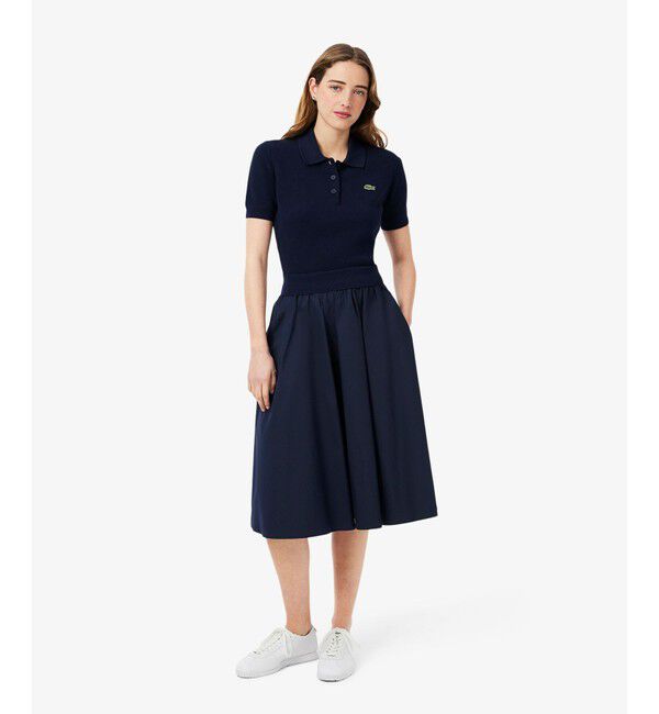 LACOSTE「異素材切り替え コンビネーションマテリアルポロドレス フレア ポロワンピース」|ワンピース|