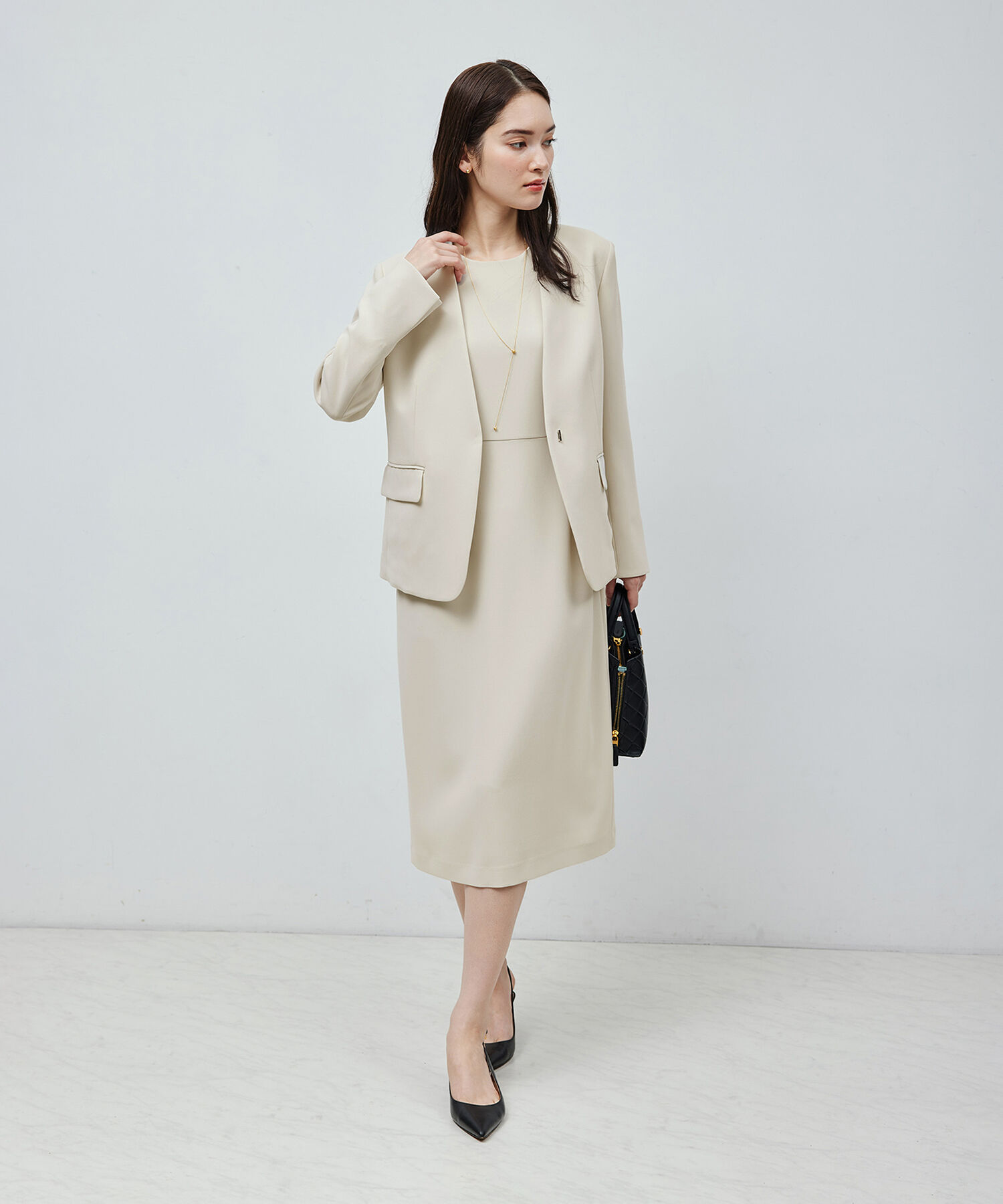 ROPE「トリアセテートダブルクロスVネックジャケット【セレモニー/通勤対応】【洗える】」|ノーカラージャケット|