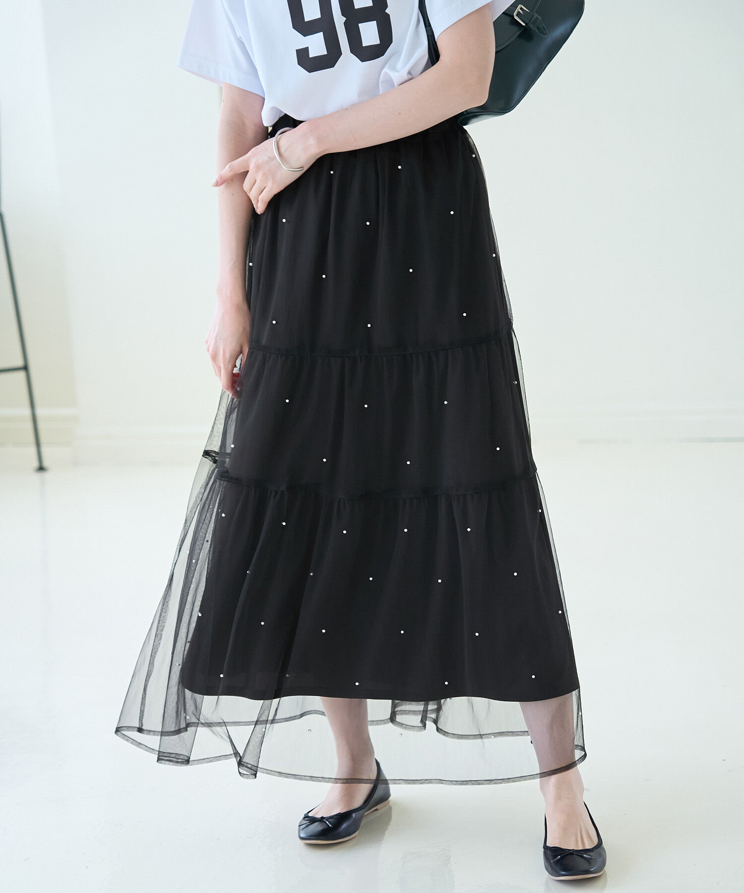 Rope&rsquo;Picnic「パール付きチュールティアードスカート」|スカート|ブラック(01)