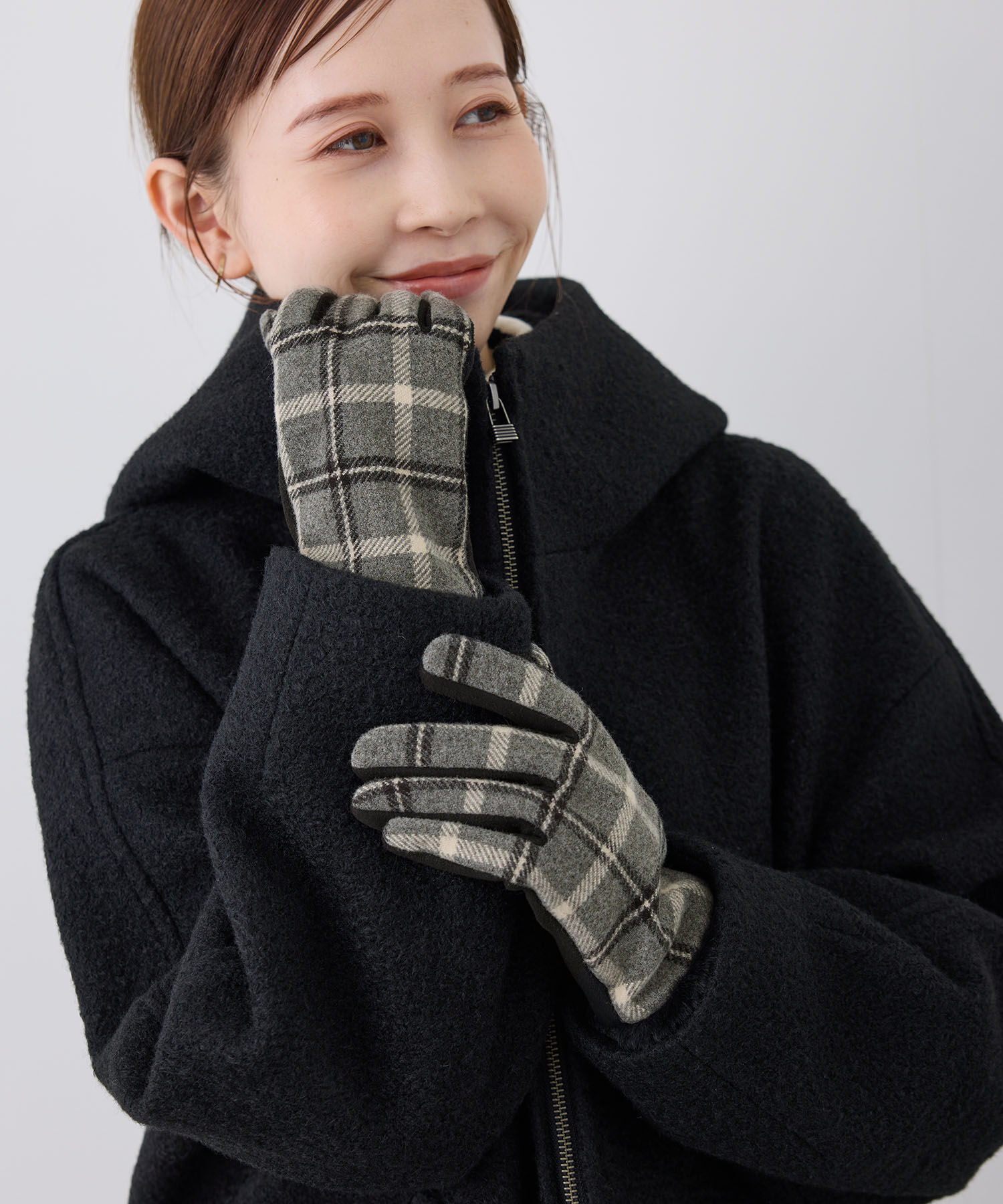 ROPE PICNIC PASSAGE「チェック&times;フェイクファーグローブ」|手袋|ブラック(01)