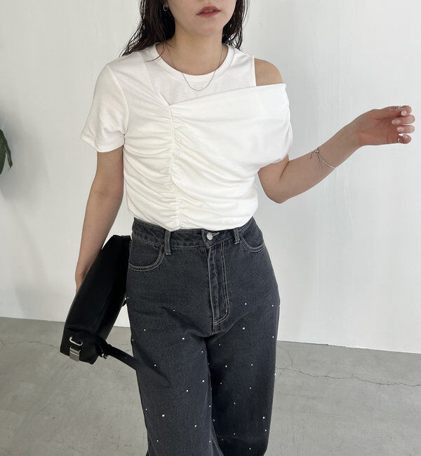  「【即完につき再入荷/新色ブラウン】アシメギャザーTシャツ」|Tシャツ・カットソー|