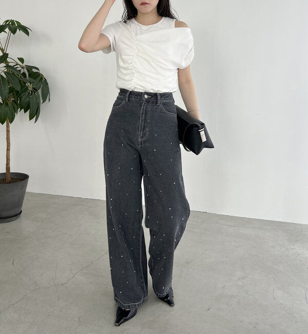  「【即完につき再入荷/新色ブラウン】アシメギャザーTシャツ」|Tシャツ・カットソー|