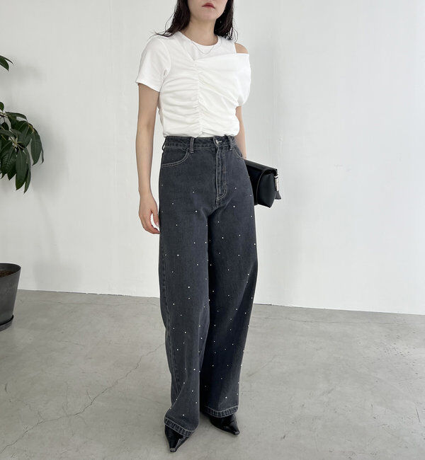  「【即完につき再入荷/新色ブラウン】アシメギャザーTシャツ」|Tシャツ・カットソー|