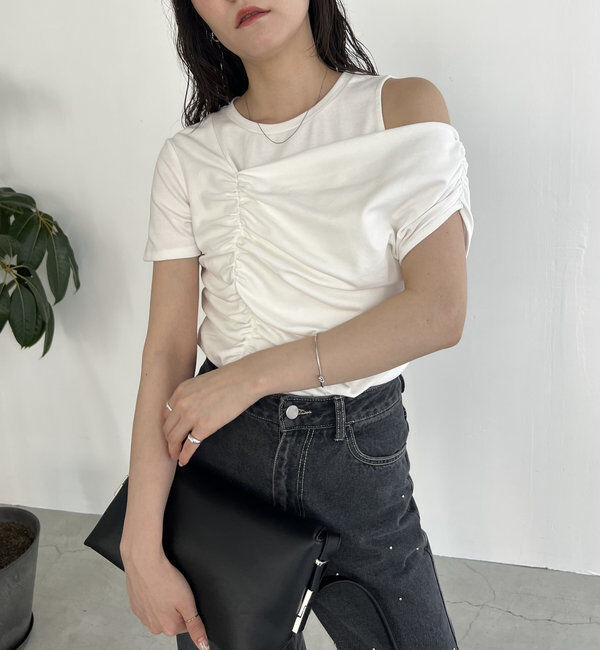  「【即完につき再入荷/新色ブラウン】アシメギャザーTシャツ」|Tシャツ・カットソー|